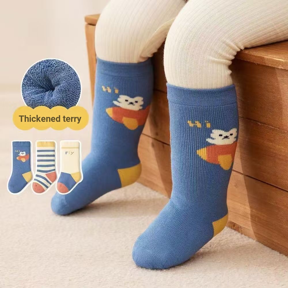 100% Cotton Hoạt Hình Tất Trẻ Em Thu Đông Terry Nữ Ấm Áp Sơ Sinh Cotton Tất Giáng Sinh Trẻ Em Bé Miệ