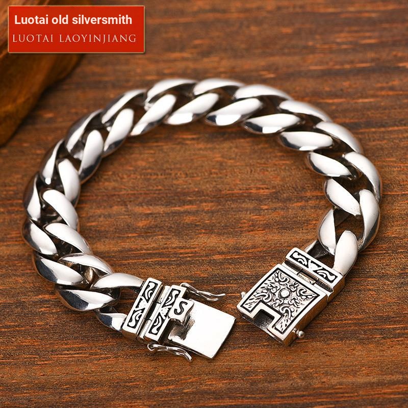 Luotai Old Silversmith Nam Bạc 925 Chữ Vòng Tay Nam Đơn Giản Phiên Bản Hàn Quốc Hợp Thời Trang Punk 