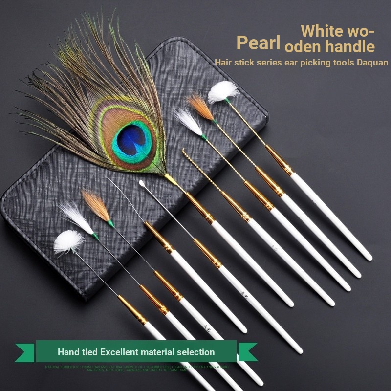 Tianyi Ear Picker Ear Picker Tool Set Ngọc Trai Trắng Tay Cầm Bằng Gỗ Series Peacock Feather Ear Pic