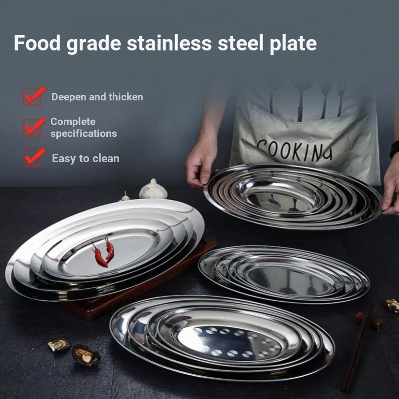 Thép không gỉ 304 Đĩa Cá Hộ Gia Đình Hấp Cá Đĩa Sáng Tạo Hình Bầu Dục Cá Đĩa Đĩa Đĩa Đĩa Tròn Đĩa Nh