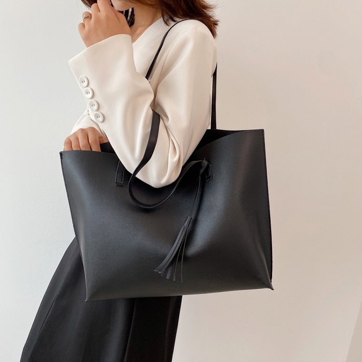 SpringF'lower Túi Tote Nữ Công Suất Lớn Màu Đen Đơn Giản Hợp Thời Trang Xách PU Đeo Vai Thiết Thực