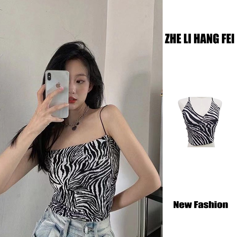 ZHELIHANGFEI Áo Hai Dây Họa Tiết Ngựa Vằn Lưng Cao Quyến Rũ Cho Nữ