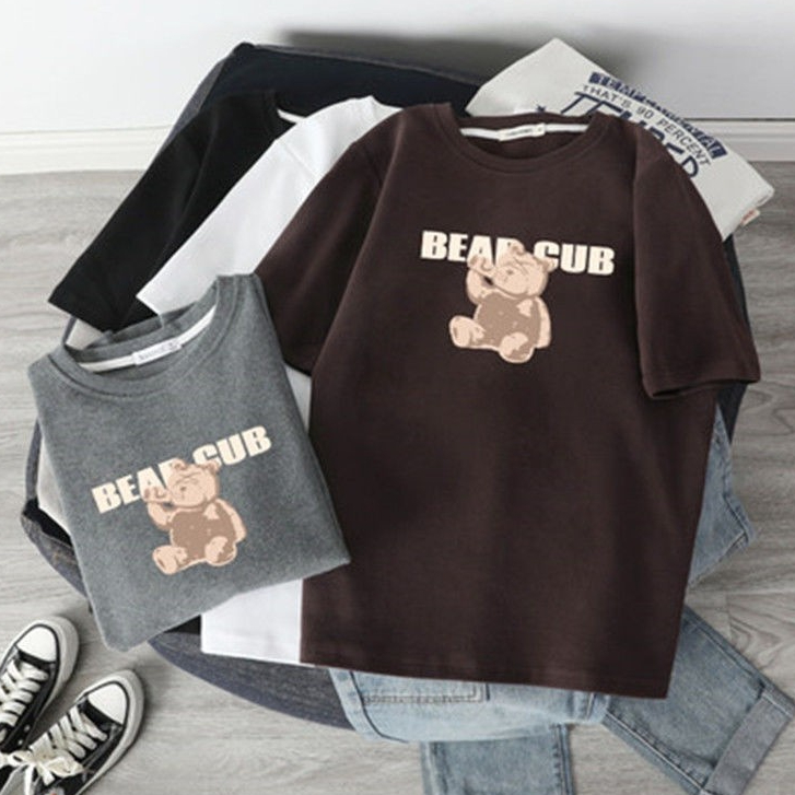 Áo thun SUXI tay ngắn dáng rộng dày dặn in họa tiết chú gấu dễ thương thời trang thu đông cho nữ