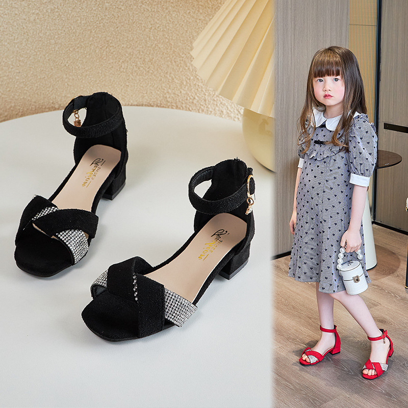 Giày Sandal Cao Gót Đính Đá Phối Tua Rua Thời Trang Mùa Hè Cho Bé Gái