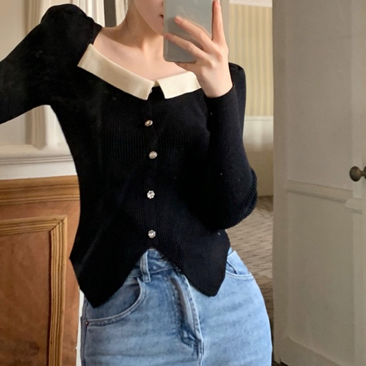 Porozi  Áo sweater Dệt Kim Cổ Vuông Tay Phồng Thời Trang Thu Đông Dành Cho Nữ