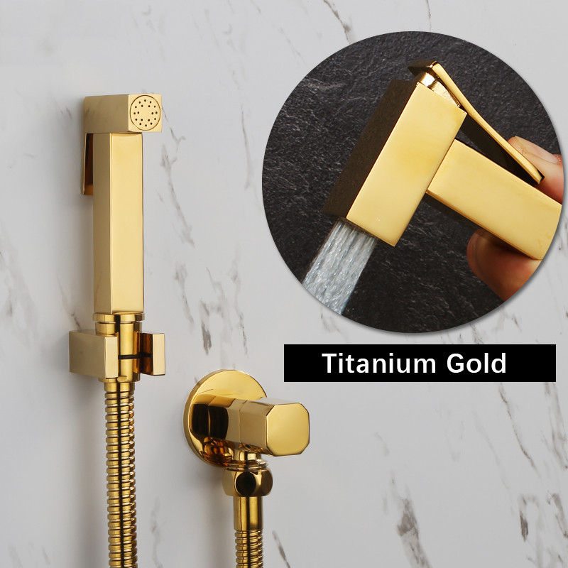 Bộ Vòi Xịt Toilet Bằng Đồng Thau Hình Vuông Màu Vàng Kèm Van Điều Khiển Tiện Dụng Cho Nhà Tắm
