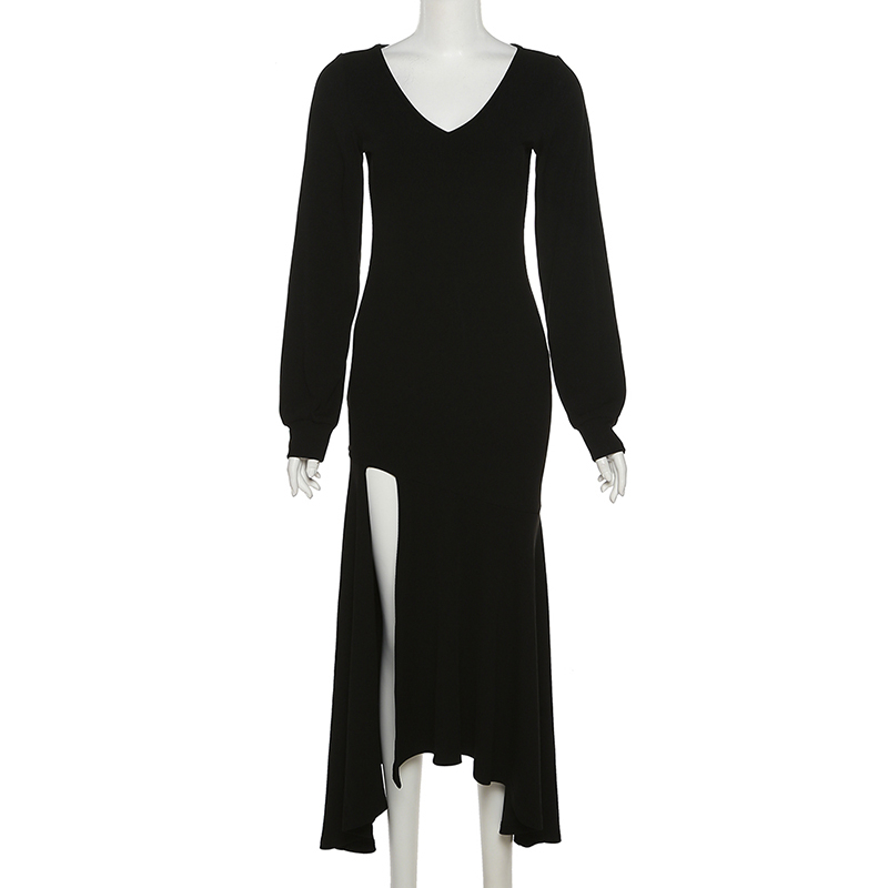 Đầm Đuôi Cá Cổ Chữ V Màu Đen Phong Cách retro Thời Trang Cho Nữ