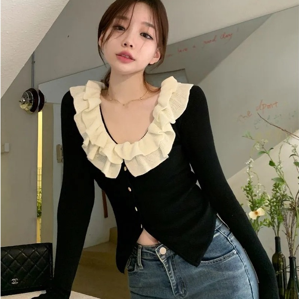 Áo sweater SUXI dệt kim tay dài màu trơn phong cách cổ điển dành cho nữ