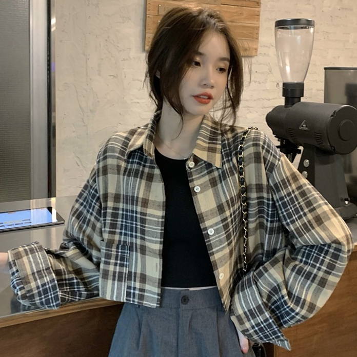 SUXI Áo Sơ Mi Tay Dài Dáng Ngắn Kẻ Sọc Ca Rô Kiểu Retro Hàn Quốc Cá Tính