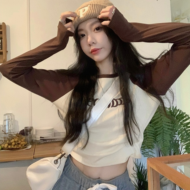 Áo thun ZHELIHANGFEI tay dài cổ tròn dáng ôm in chữ cá tính thời trang cho nữ