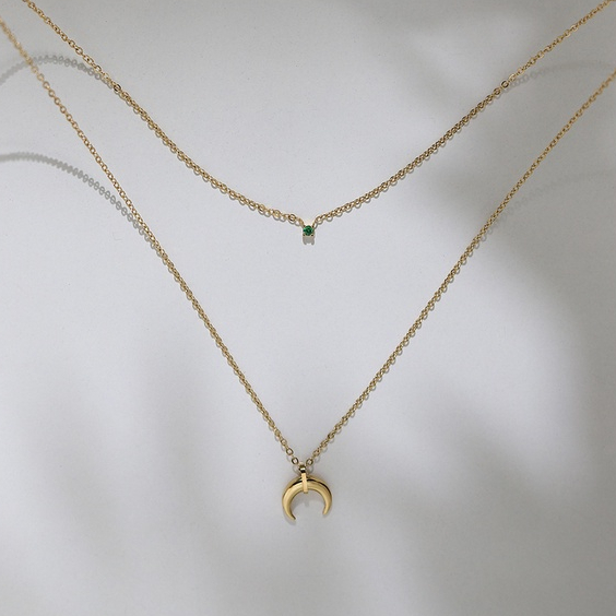 Dây Chuyền Hai Lớp Bằng Thép Titan Hai Lớp Hình Mặt Trăng Lưỡi Liềm Đính Kim Cương Màu Xanh Lá retro Âu Mỹ