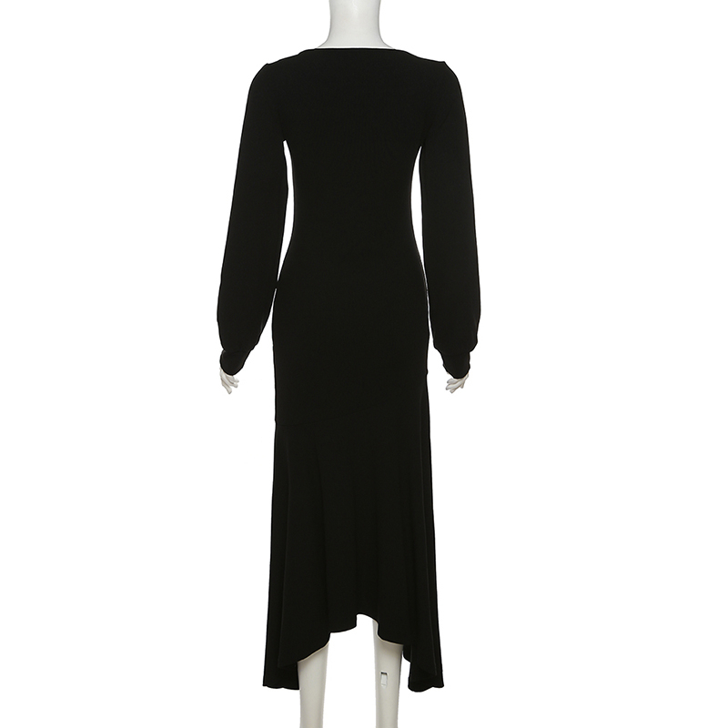 Đầm Đuôi Cá Cổ Chữ V Màu Đen Phong Cách retro Thời Trang Cho Nữ