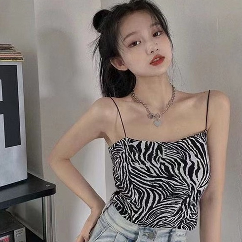 ZHELIHANGFEI Áo Hai Dây Họa Tiết Ngựa Vằn Lưng Cao Quyến Rũ Cho Nữ