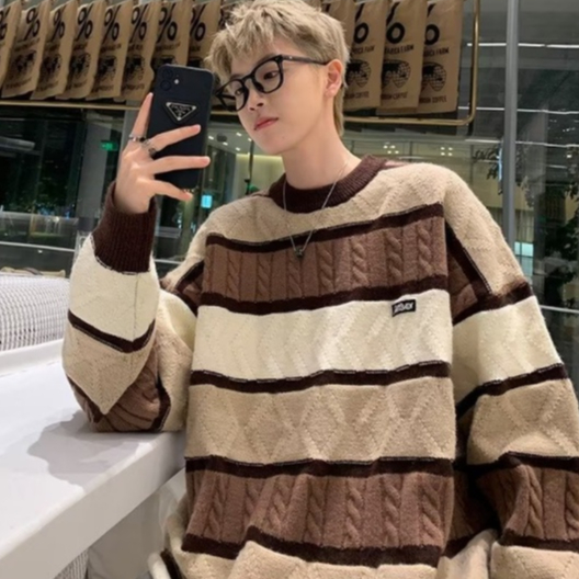 Áo sweater len nam Kẻ Sọc Kiểu form rộng áo len nam cổ tròn vintage cao cấp áo len nữ Mỹ Cá Tính áo sweater Nam