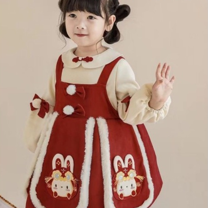 Babyfair. Cô Gái Váy Treo Phù Hợp Với Dễ Thương Ấm Áp Thoải Mái 2 Mảnh Mùa Đông Bộ Trang Phục Cho Năm Mới