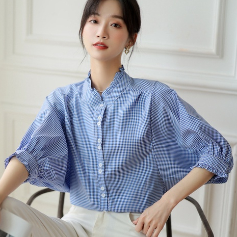 Áo Sơ Mi Tay Ngắn Phồng Cổ Đứng Phối Ren Họa Tiết Sọc Caro Phong Cách Retro Pháp Thời Trang Mùa Hè Cho Nữ
