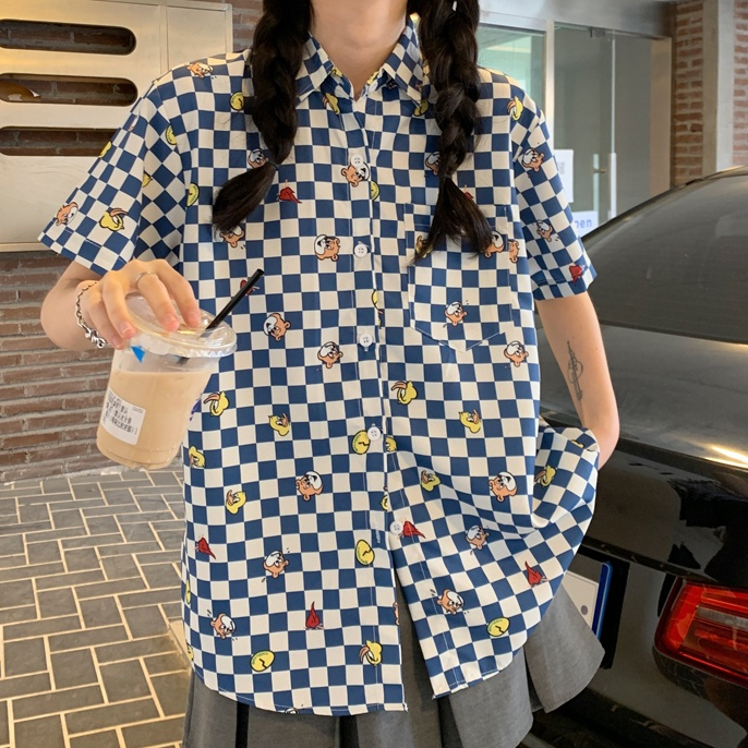 SUXI Áo Sơ Mi Tay Ngắn Dáng Rộng In Họa Tiết Hoạt Hình Dễ Phối Đồ Thời Trang Mùa Hè Cho Nữ