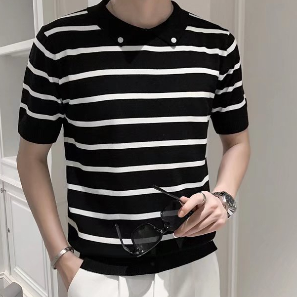 Áo Thun polo Dệt Kim Mỏng Dáng Ôm Kẻ Sọc Thời Trang Mùa Hè Cho Nam Giới Có Size M-3xl