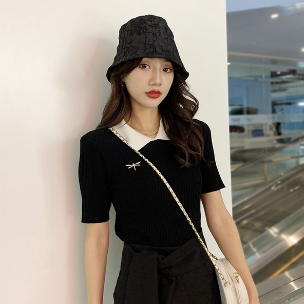 Minimalist Labo Áo thun polo dệt kim tay ngắn thêu hình chuồn chuồn dễ thương thời trang
