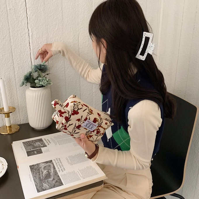 Túi Đựng Mỹ Phẩm Son Môi / Tiền Xu Bằng Vải Nhung Kẻ Phong Cách Retro