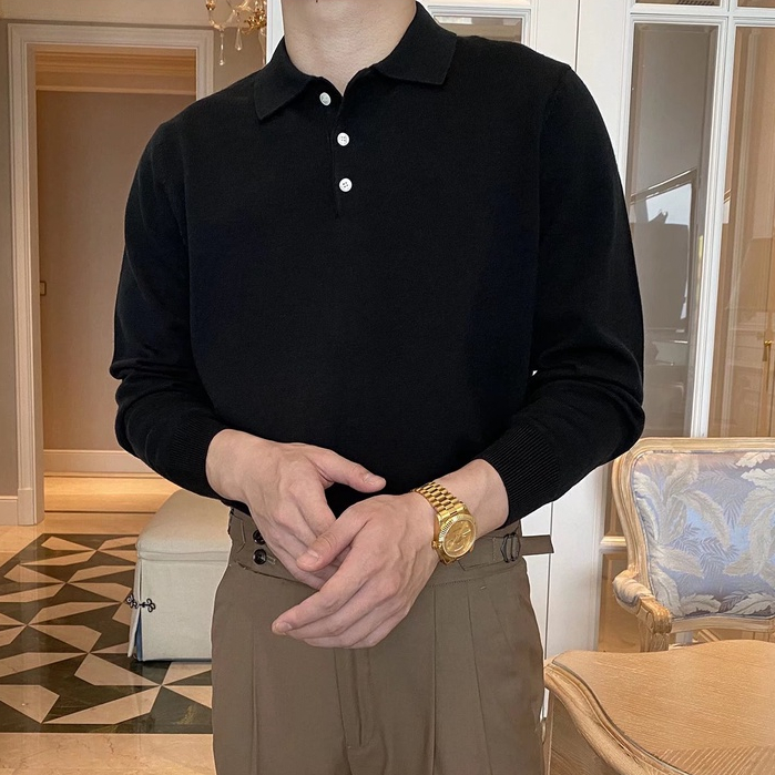 Áo polo Dệt Kim Tay Dài Màu Sắc Đơn Giản Phong Cách Hàn Quốc Cho Nam Size M-3xl
