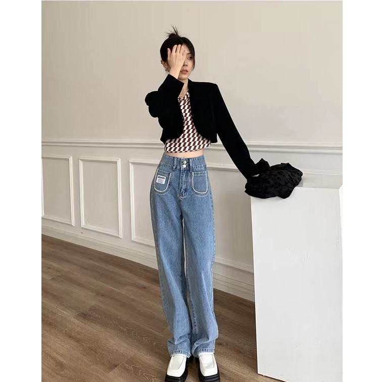 ZHELIHANGFEI Quần Jean Lưng Cao Form Rộng Theo Phong Cách Retro Đường Phố