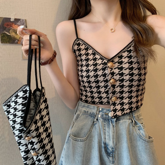 LANJIEXI Áo kiểu hai dây dệt kim dáng ngắn cài nút thời trang