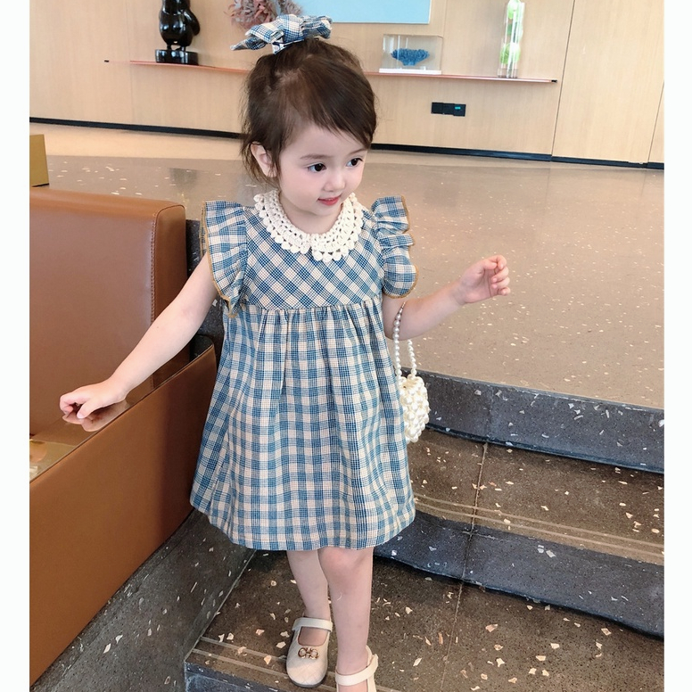 Đầm Búp Bê Công Chúa Tay Ngắn Họa Tiết Sọc Caro Ngọt Ngào Thời Trang Mùa Hè Cho Bé Gái