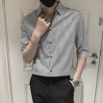 Áo sơ mi AOKANG tay lỡ họa tiết kẻ sọc phong cách Hàn Quốc trẻ trung thời trang dành cho nam