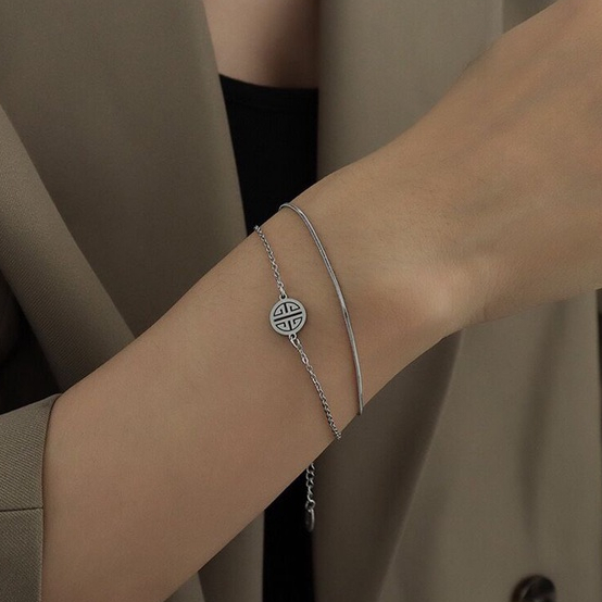 Vòng Tay Hai Lớp Bằng Thép Titan Mạ Vàng Phong Cách Hàn Quốc Đơn Giản Chất Lượng Cao Không Phai EDFJ