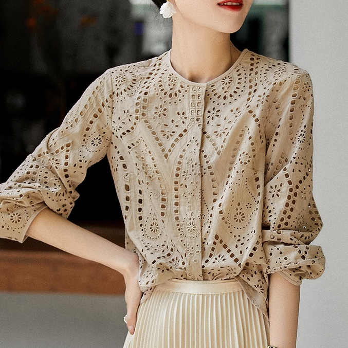 Áo Sơ Mi Đa Năng Thời Trang XYC482738Ag Poetic Áo Sơ Mi Cotton Cổ Tròn Họa Tiết Thêu Rỗng Thời Trang Mùa Hè HC