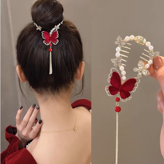 Kẹp Tóc Tua Rua Hình Hoa Bướm Đính Đá &amp; Ngọc Trai Bằng Hợp Kim Phong Cách Hàn Quốc Mới