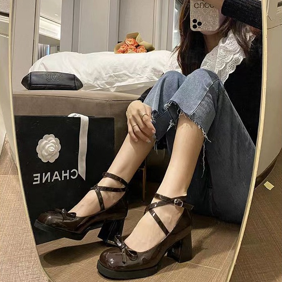Giày nữ giày mary jane giày cao gót nữ  cao gót nữ  Giày Cao Gót Da Đế Dày Buộc Dây Chéo Phong Cách Anh Quốc Cho Nữ dép xăng đan nữ