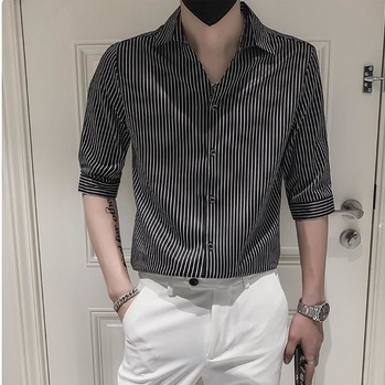Áo sơ mi AOKANG tay lỡ họa tiết kẻ sọc phong cách Hàn Quốc trẻ trung thời trang dành cho nam
