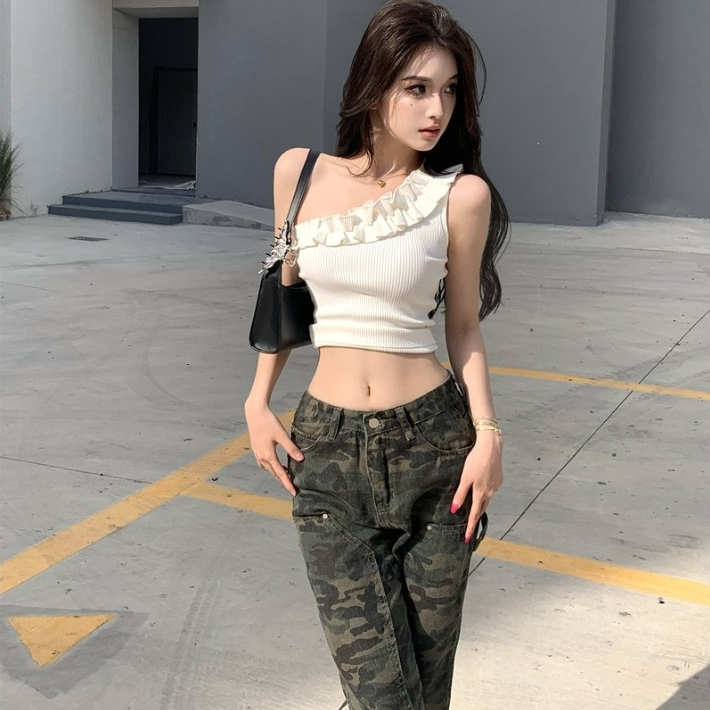 Áo lửng hai dây LANJIEXI dệt kim eo cao gợi cảm cho nữ