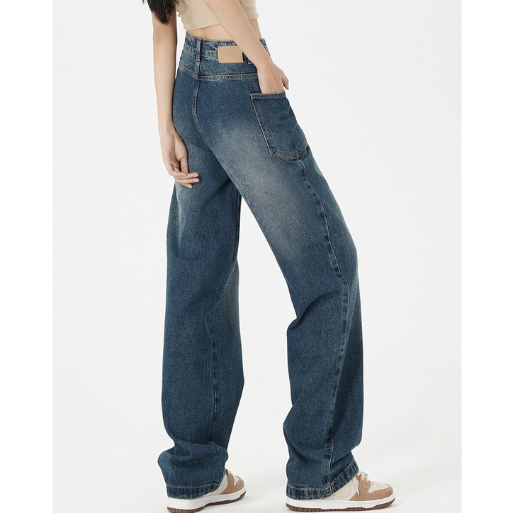 ZHELIHANGFEI Quần Jean Dài Lưng Cao Ống Rộng Thời Trang Retro Cá Tính Trẻ Trung