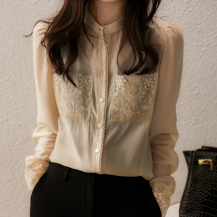 Áo Sơ Mi Chiffon Tay Dài Phối Ren Thêu Họa Tiết Phong Cách Phương Tây Thời Trang Mùa Hè H4477