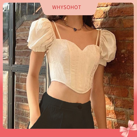 S WHYSOHOT | Maynee Styling Phụ nữ ngắn tay phồng hàng đầu Hem không đều Slim Cut Back Shirring Áo cánh thanh lịch