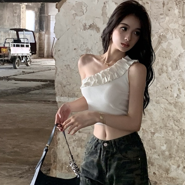 Áo lửng hai dây LANJIEXI dệt kim eo cao gợi cảm cho nữ