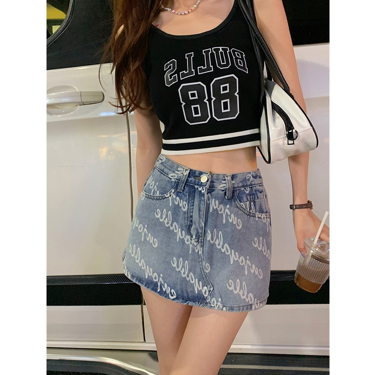 Áo Croptop Dệt Kim Không Tay In Chữ Nhiều Màu Sắc Phong Cách Mỹ Thời Trang Mùa Hè Cho Nữ