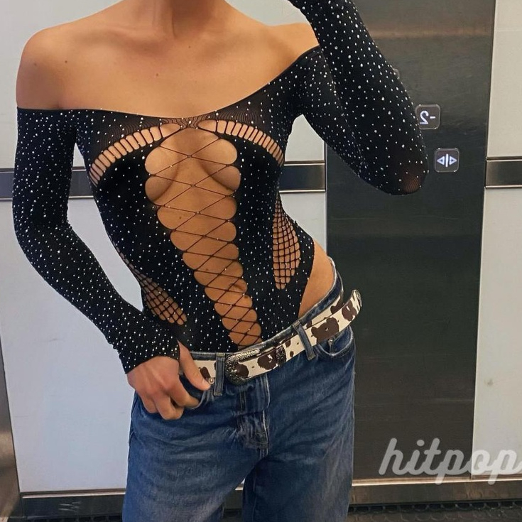 Áo Liền Quần Trễ Vai Tay Dài Dáng Ôm Đính Đá Lấp Lánh Dành Cho Nữ | BigBuy360 - bigbuy360.vn