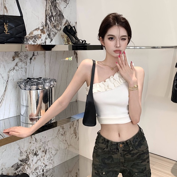 Áo lửng hai dây LANJIEXI dệt kim eo cao gợi cảm cho nữ