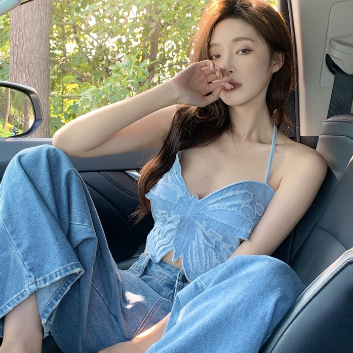 Porozi  Áo denim Hai Dây Hở Lưng Phong Cách Công Chúa Họa Tiết Bướm Đặc Biệt Cho Bé Gái Mặc Ngoài Gia Vị niche