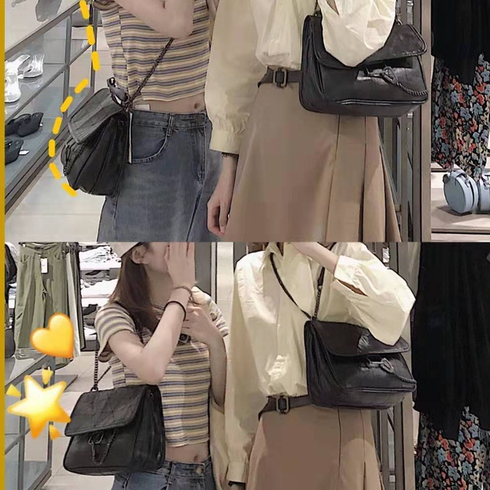 Túi Xách Đeo Vai Màu Đen Phối Dây Xích Phong Cách Cổ Điển Thời Trang Cho Nữ