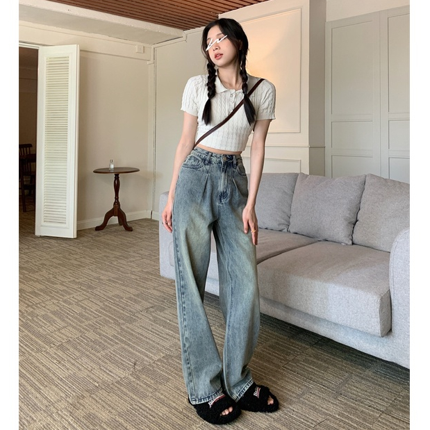 NUZIRO Quần Jeans Dài Lưng Cao Ống Rộng Phong Cách Hàn Quốc Thời Trang Cho Nữ