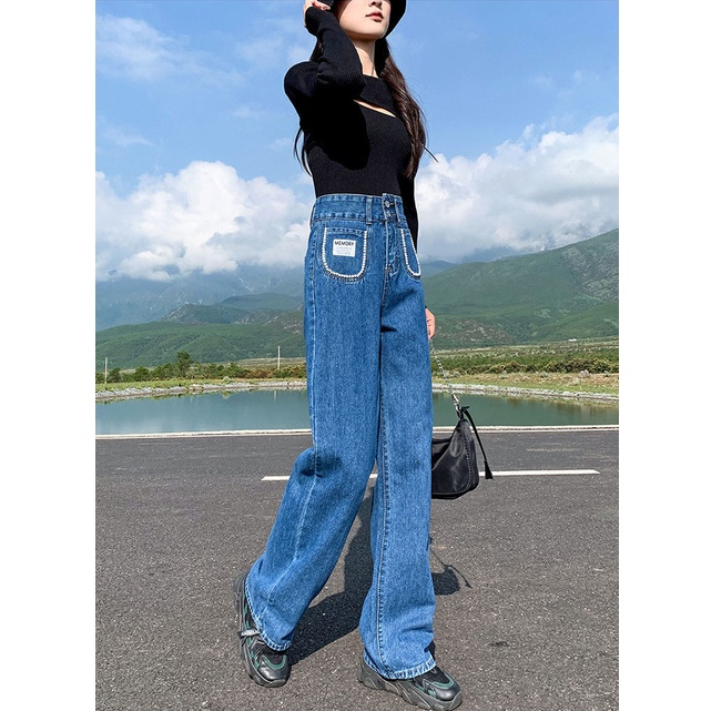 ZHELIHANGFEI Quần Jean Lưng Cao Form Rộng Theo Phong Cách Retro Đường Phố
