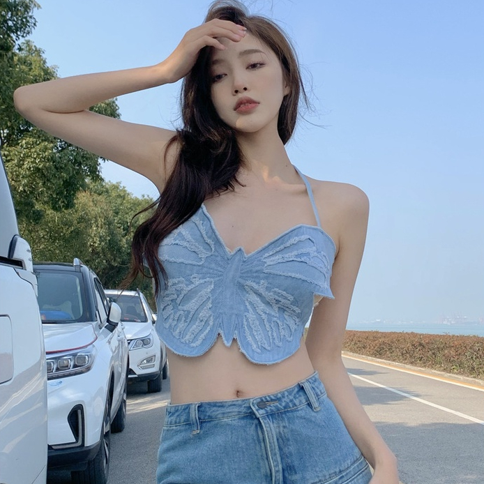 Porozi  Áo denim Hai Dây Hở Lưng Phong Cách Công Chúa Họa Tiết Bướm Đặc Biệt Cho Bé Gái Mặc Ngoài Gia Vị niche