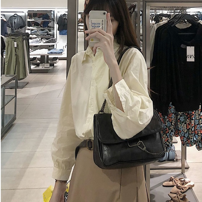 Túi Xách Đeo Vai Màu Đen Phối Dây Xích Phong Cách Cổ Điển Thời Trang Cho Nữ