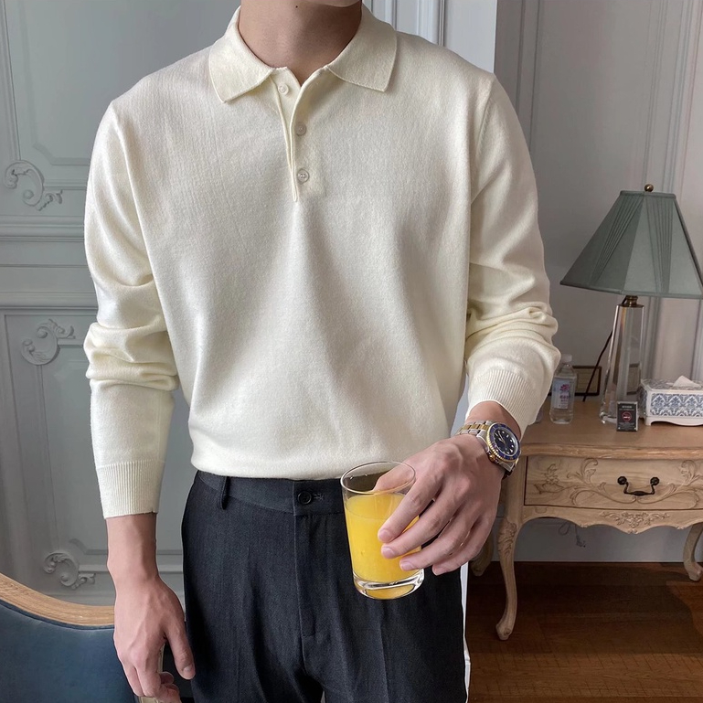 Áo polo Dệt Kim Tay Dài Màu Sắc Đơn Giản Phong Cách Hàn Quốc Cho Nam Size M-3xl