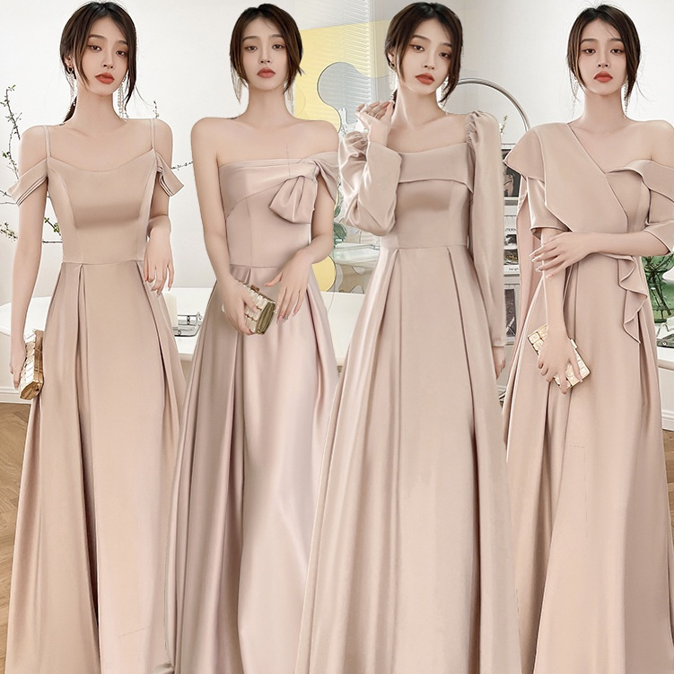 Đầm Phù Dâu Vải satin Màu Vàng Sâm Panh Dáng Ôm Thời Trang Mùa Đông Sang Trọng Cho Nữ